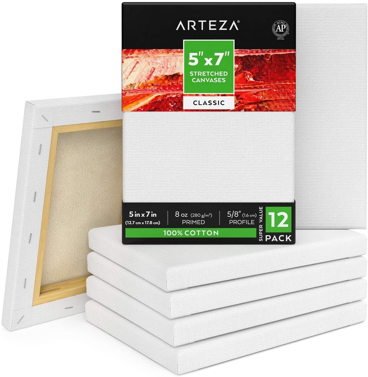 Arteza Stretched Canvas, Classic, White, 5"x7", Blank Canvas Boards for Painting - 12 Pack